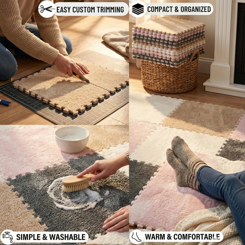 MADE4ALL Interlocking Carpet Tiles 4 PCS Pack – Soft Plush Floor Tiles for Small Areas, Nursery, Kids Room, Bedroom & Home Office – Washable, Non-Slip, Easy DIY Install – Light Pink - Image 5